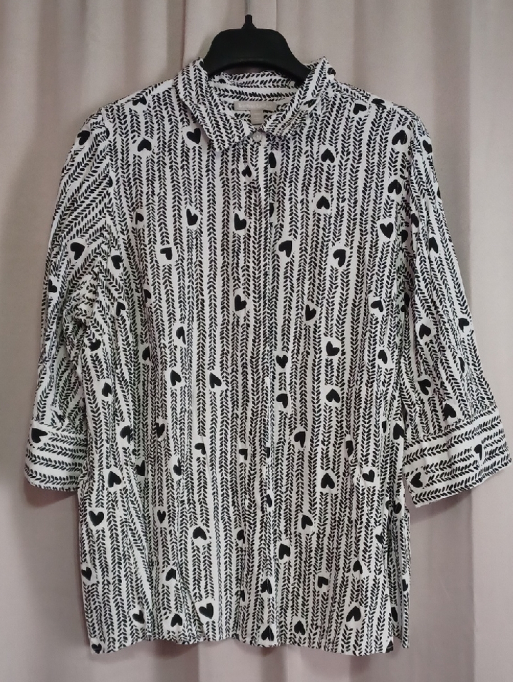 Woman Within Plus Size Perfect 3/4 Sleeve Tunic Shirt Heart Stripe Black White